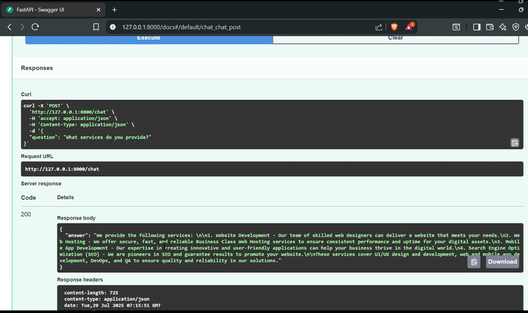Chatbot API response displayed in Swagger UI